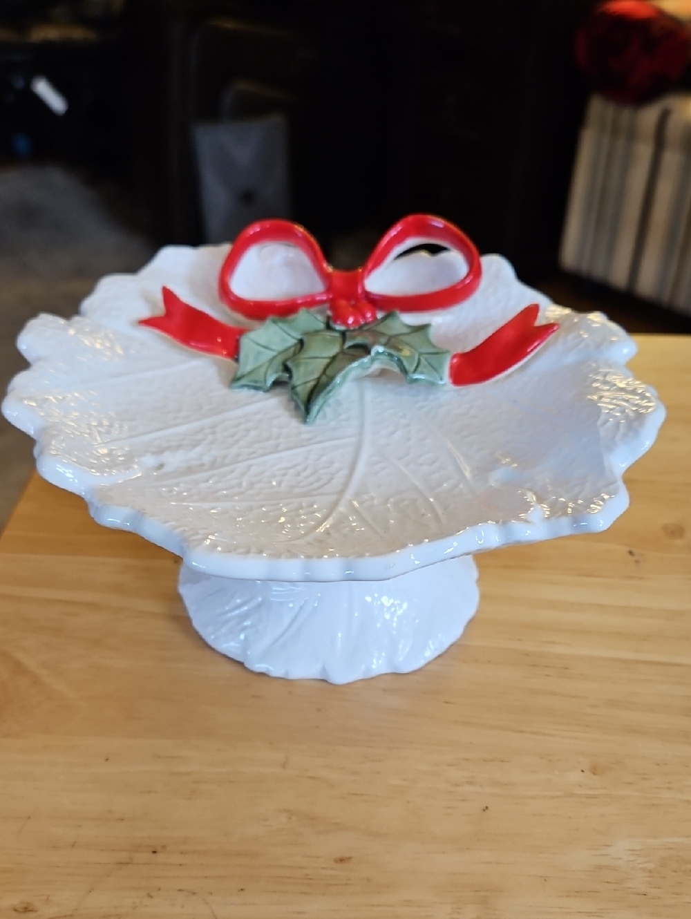 LEFTON Vintage Holiday White Ceramic Pedestal Tray with Red Bow and Green Holly